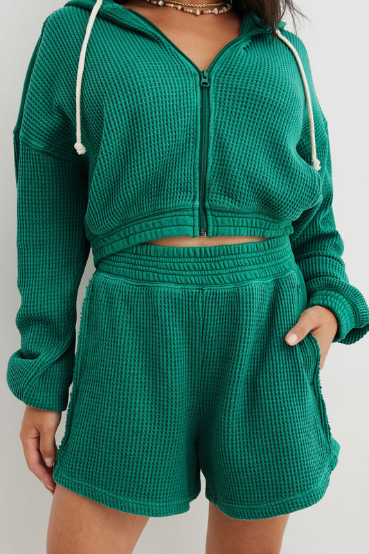 Waffle-Knit Zip Up Hoodie and Shorts Set | Maekery Studio