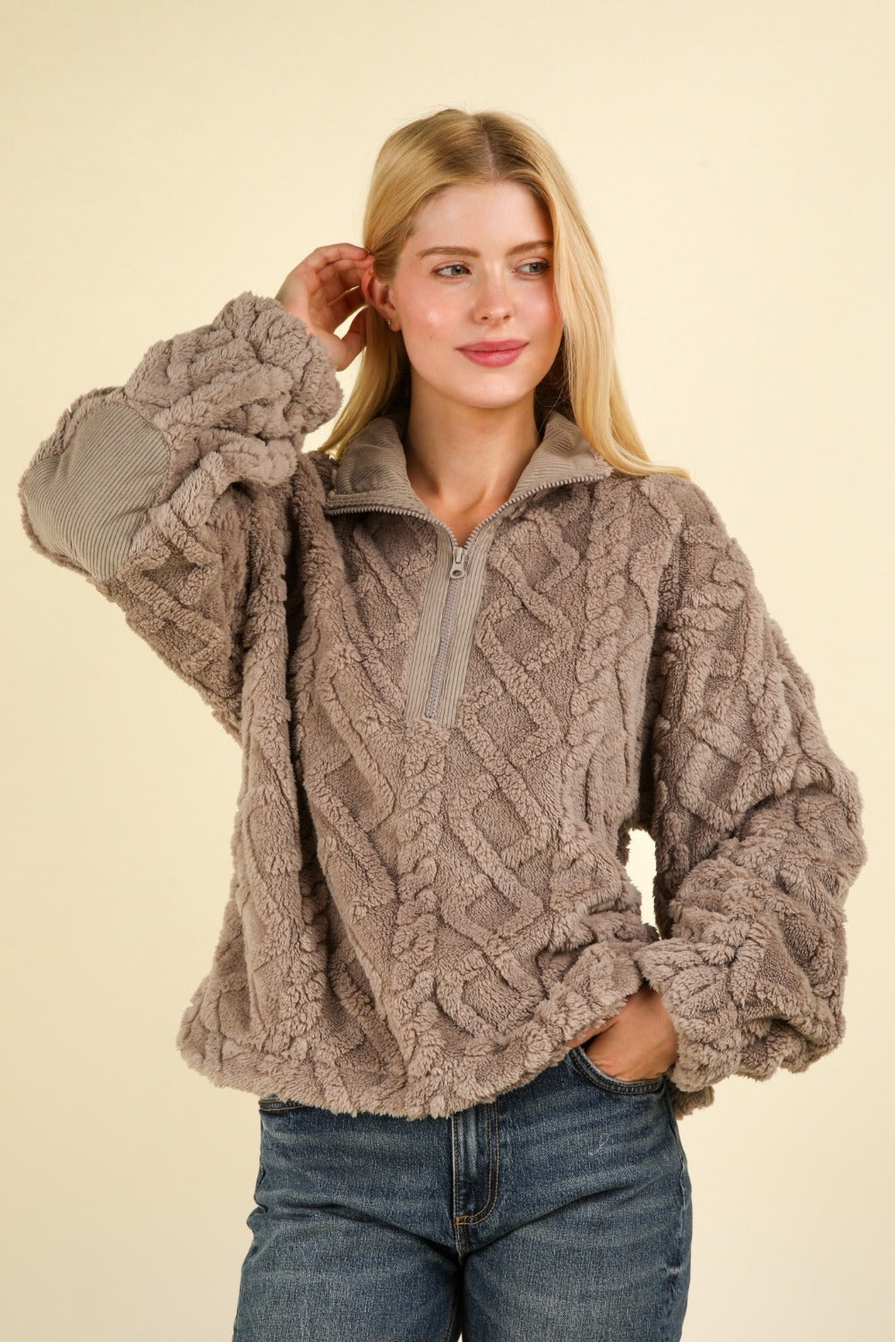 VERY J Fuzzy Fleece Half Zip Cable Pattern Sweatshirt | Maekery Studio