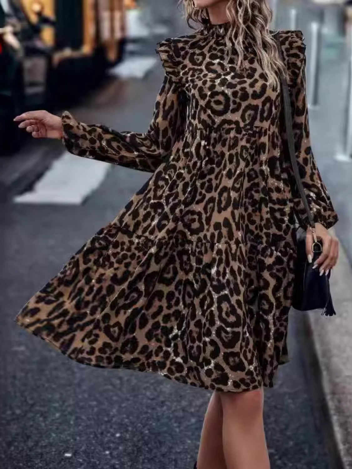 Ruffled Leopard Mock Neck Long Sleeve Mini Dress | Maekery Studio