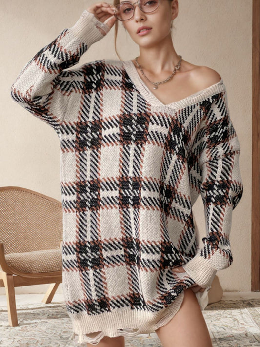 Distressed Plaid V-Neck Long Sleeve Sweater Dress | Maekery Studio