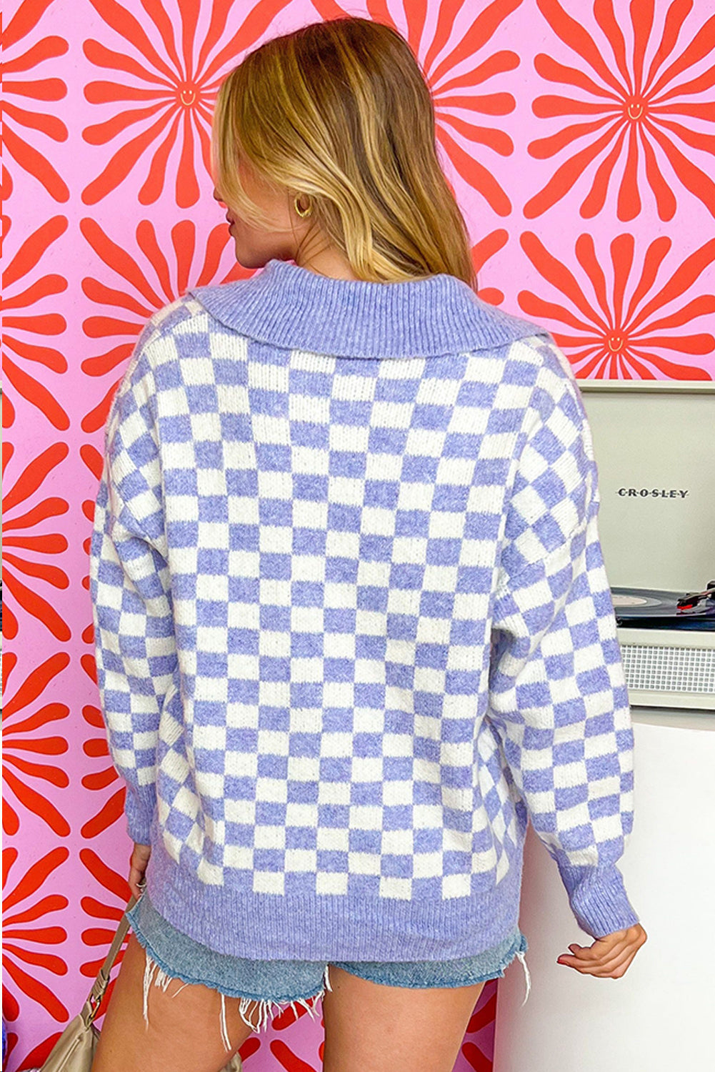 Purple Checkered Collared Buttons Plus Size Sweater | Maekery Studio