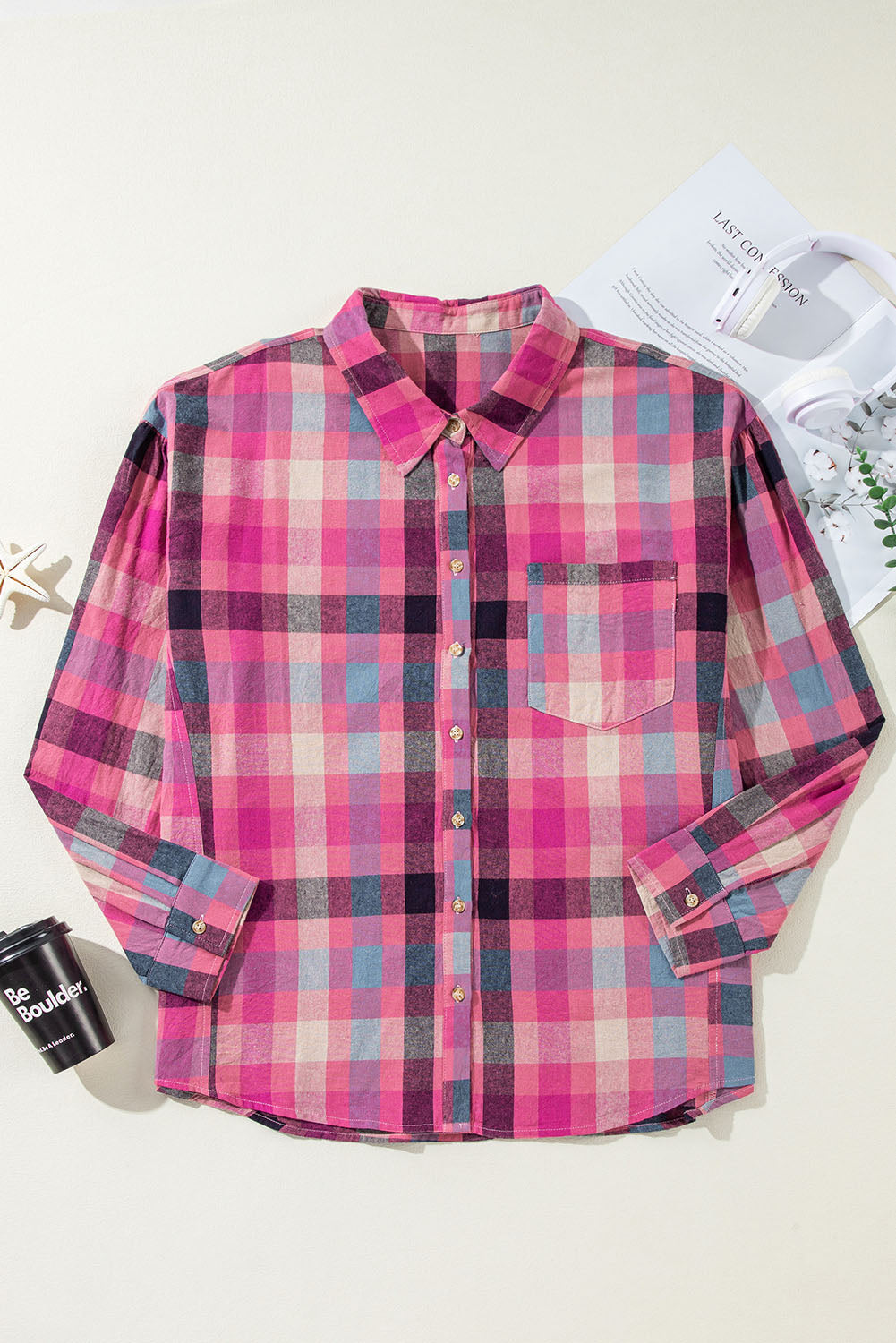 Rose Checkered Print Button-up Plus Size Shirt | Maekery Studio