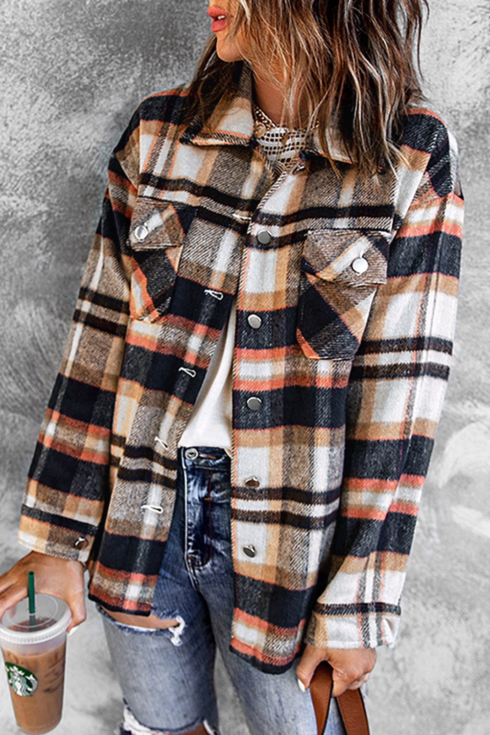 Plaid Button Front Shirt Jacket with Breast Pockets | Maekery Studio