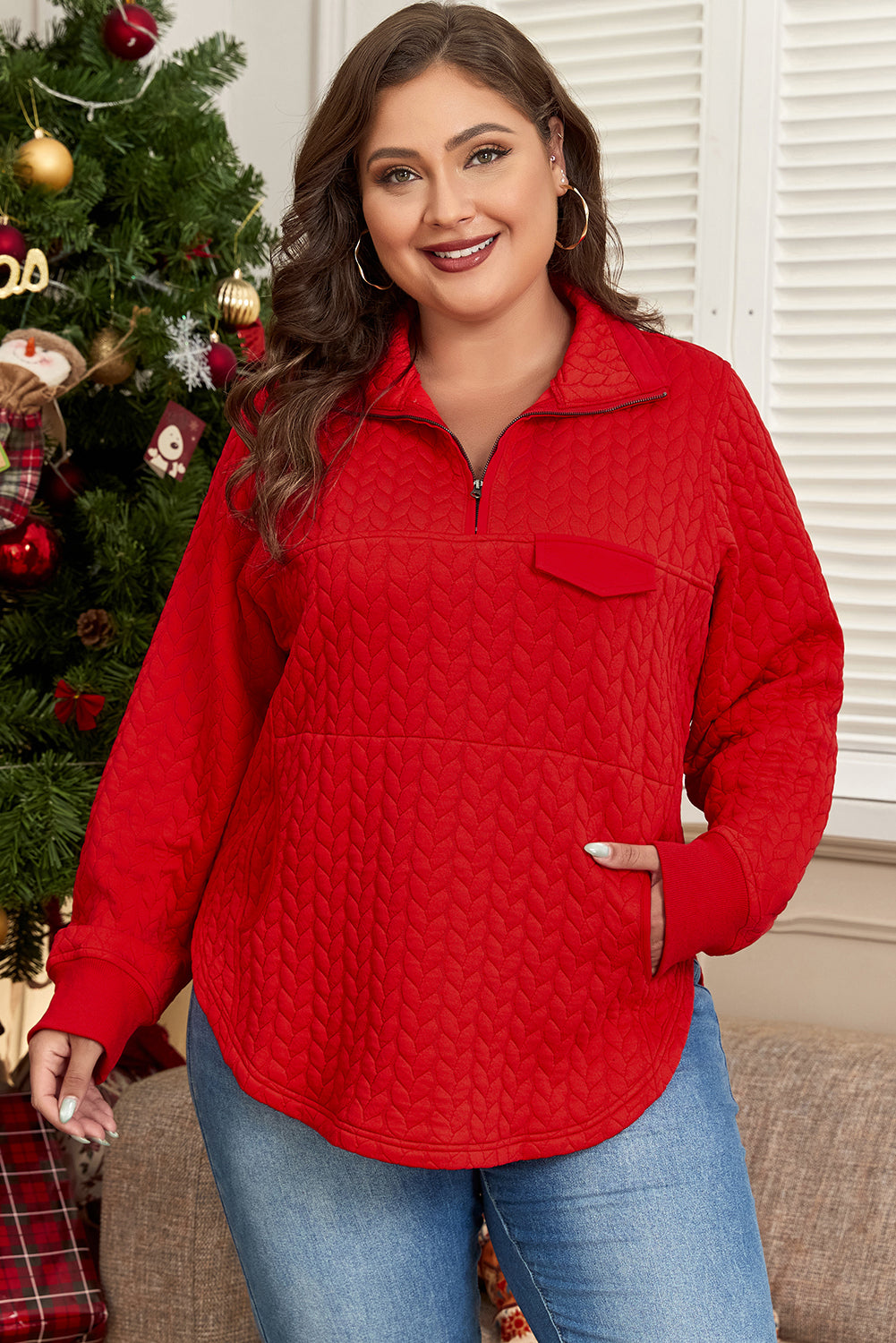 Tomato Red Textured Quarter Zip Plus Size Pullover | Maekery Studio