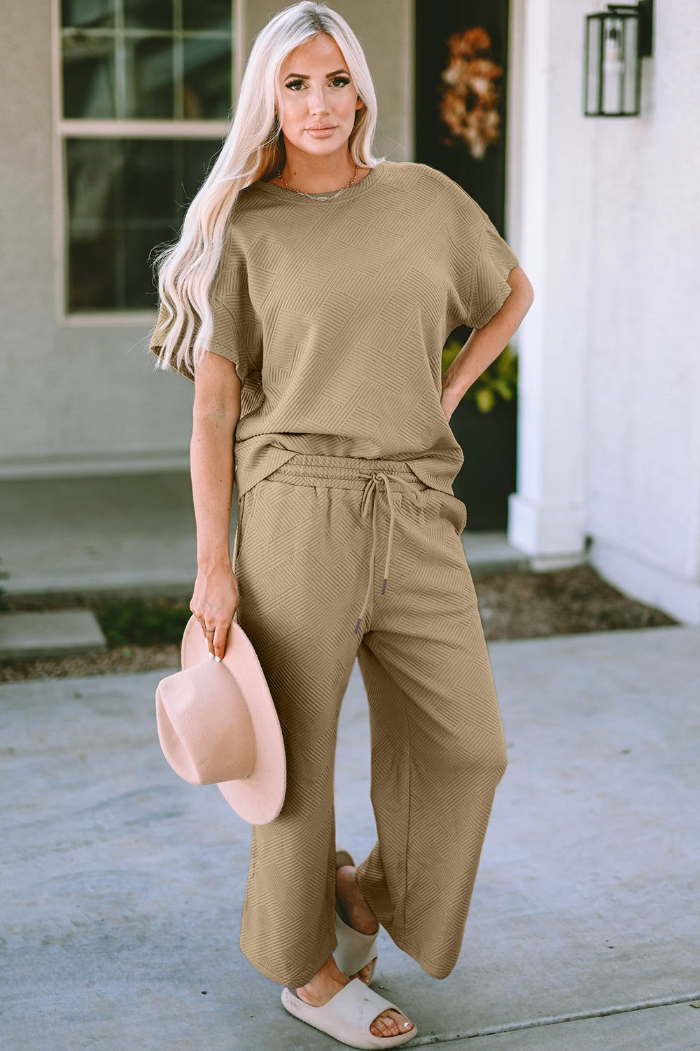 Double Take Full Size Texture Short Sleeve Top and Pants Set | Maekery Studio