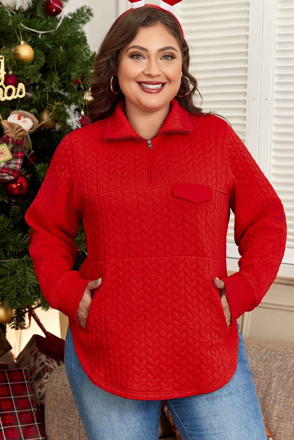 Tomato Red Textured Quarter Zip Plus Size Pullover | Maekery Studio