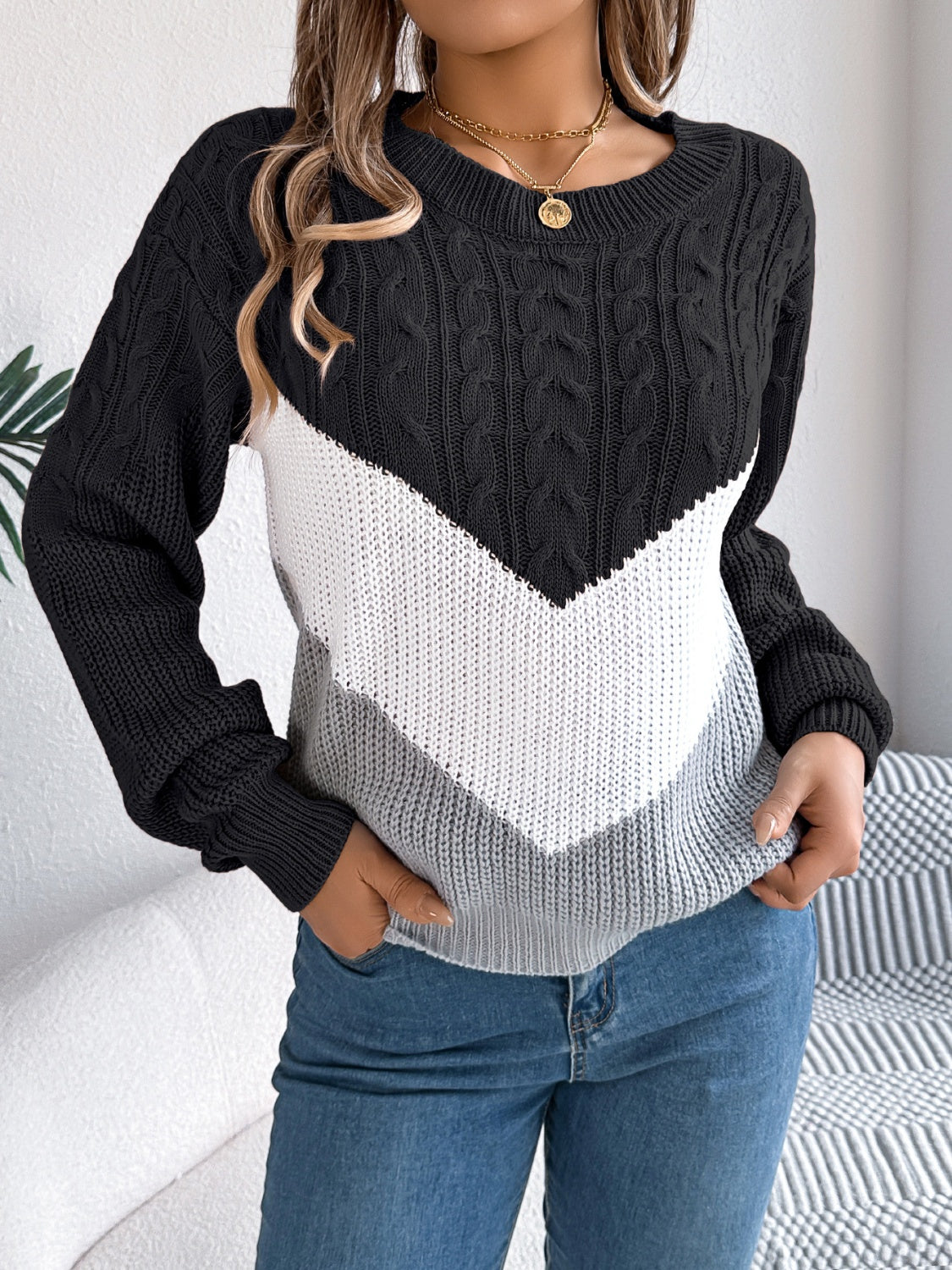 Cable-Knit Color Block Round Neck Sweater | Maekery Studio