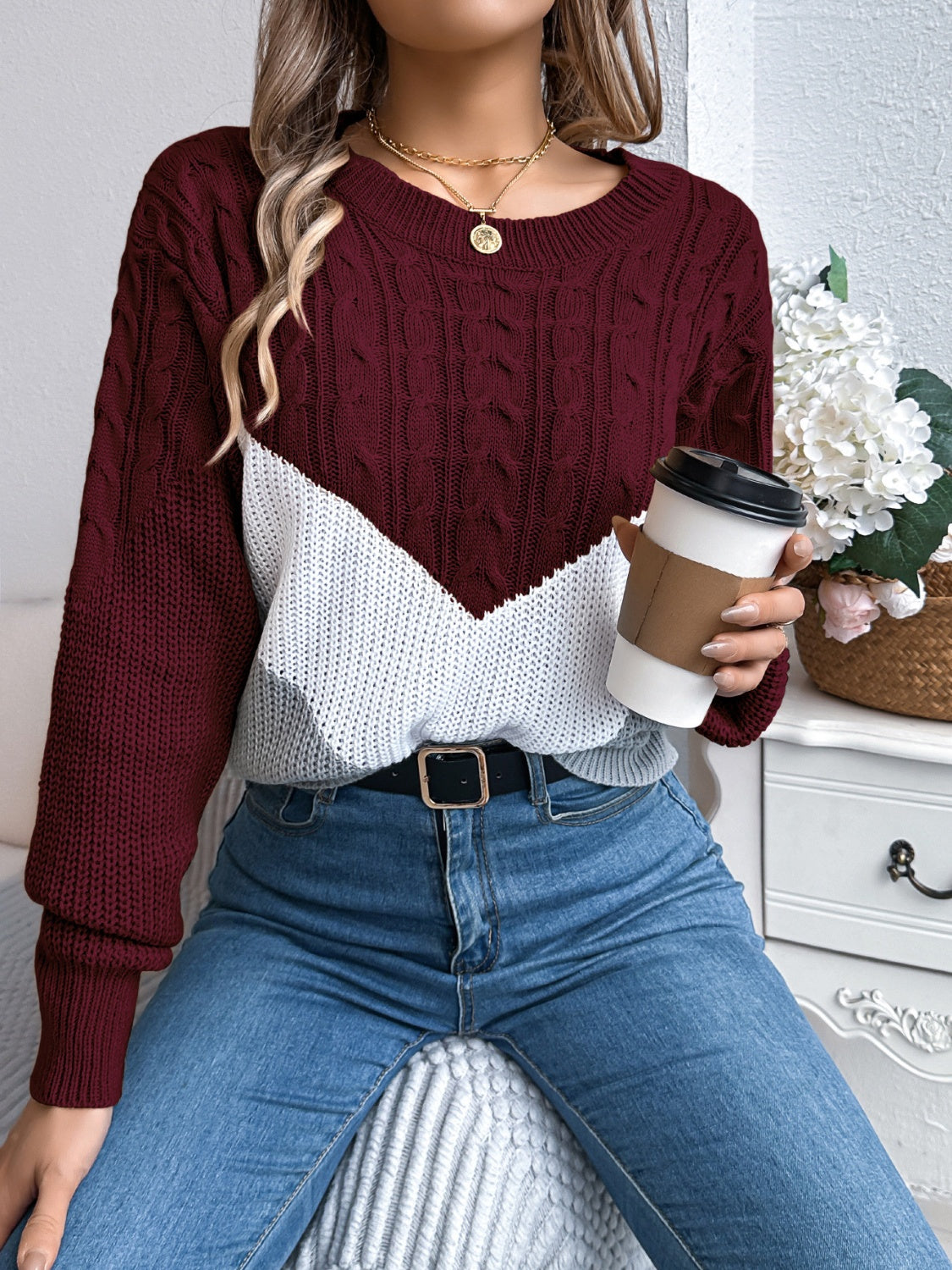 Cable-Knit Color Block Round Neck Sweater | Maekery Studio