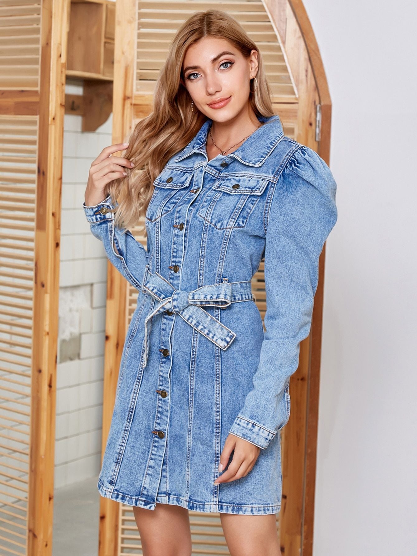 Tied Button Up Collared Neck Denim Dress | Maekery Studio