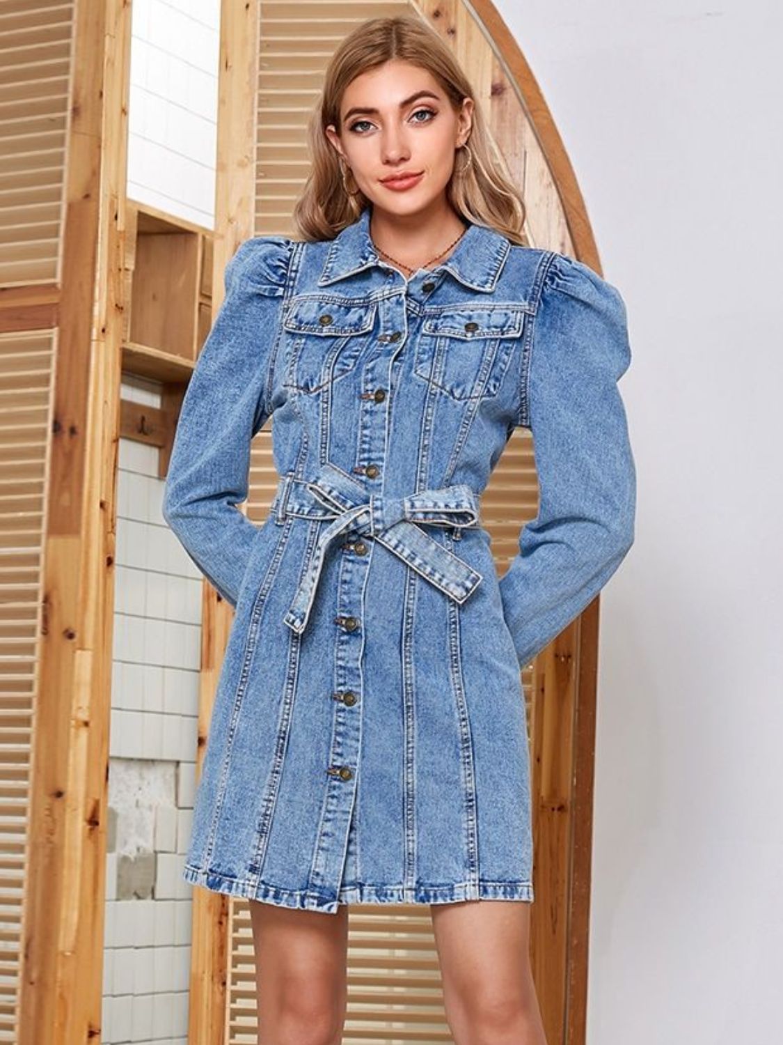 Tied Button Up Collared Neck Denim Dress | Maekery Studio