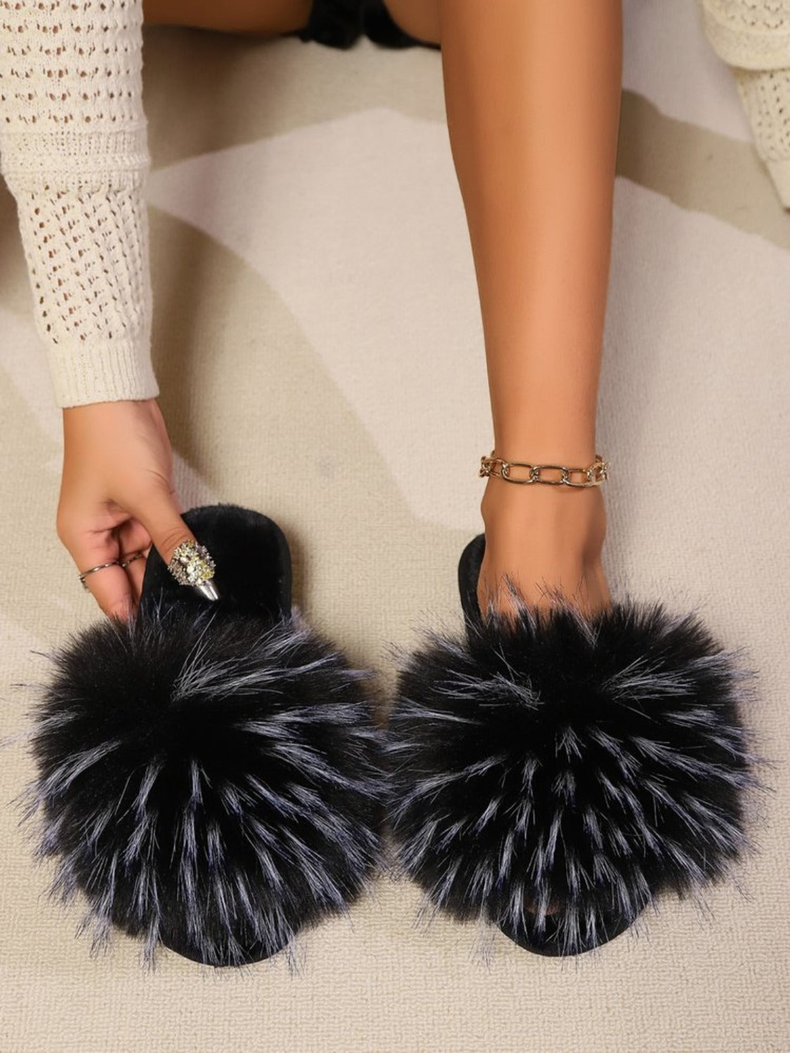 Fuzzy Open Toe Flat Sandals | Maekery Studio