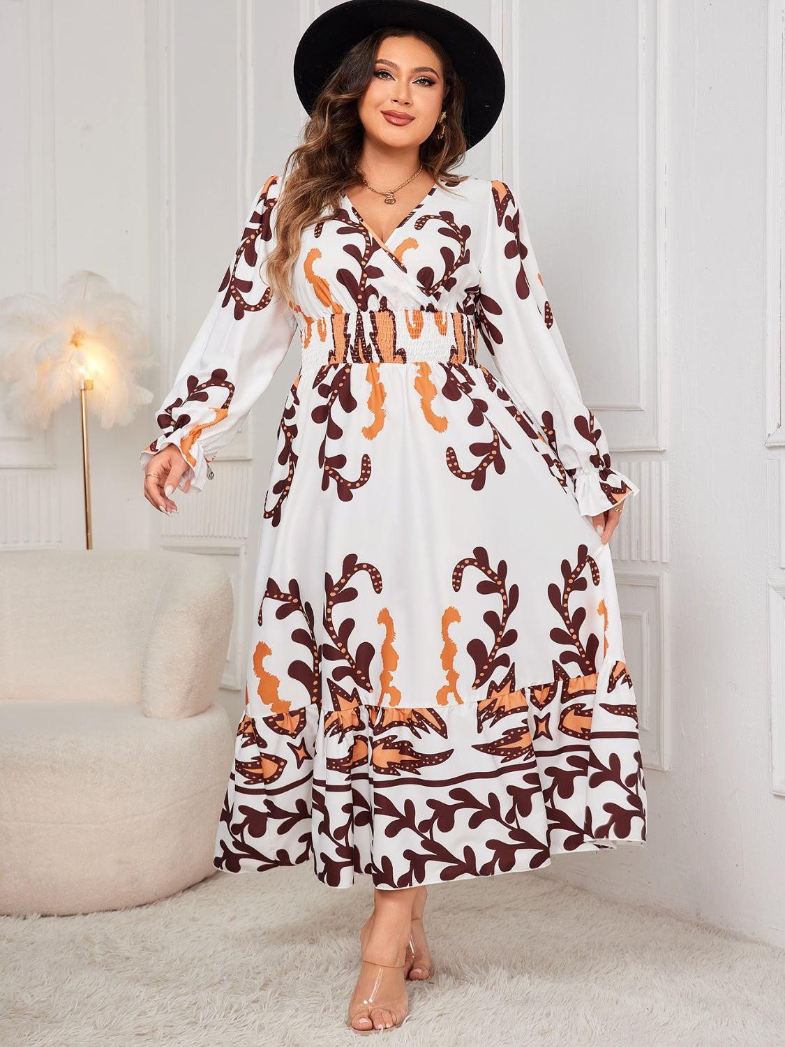 Honey Plus Size Printed Surplice Flounce Sleeve Dress | Maekery Studio