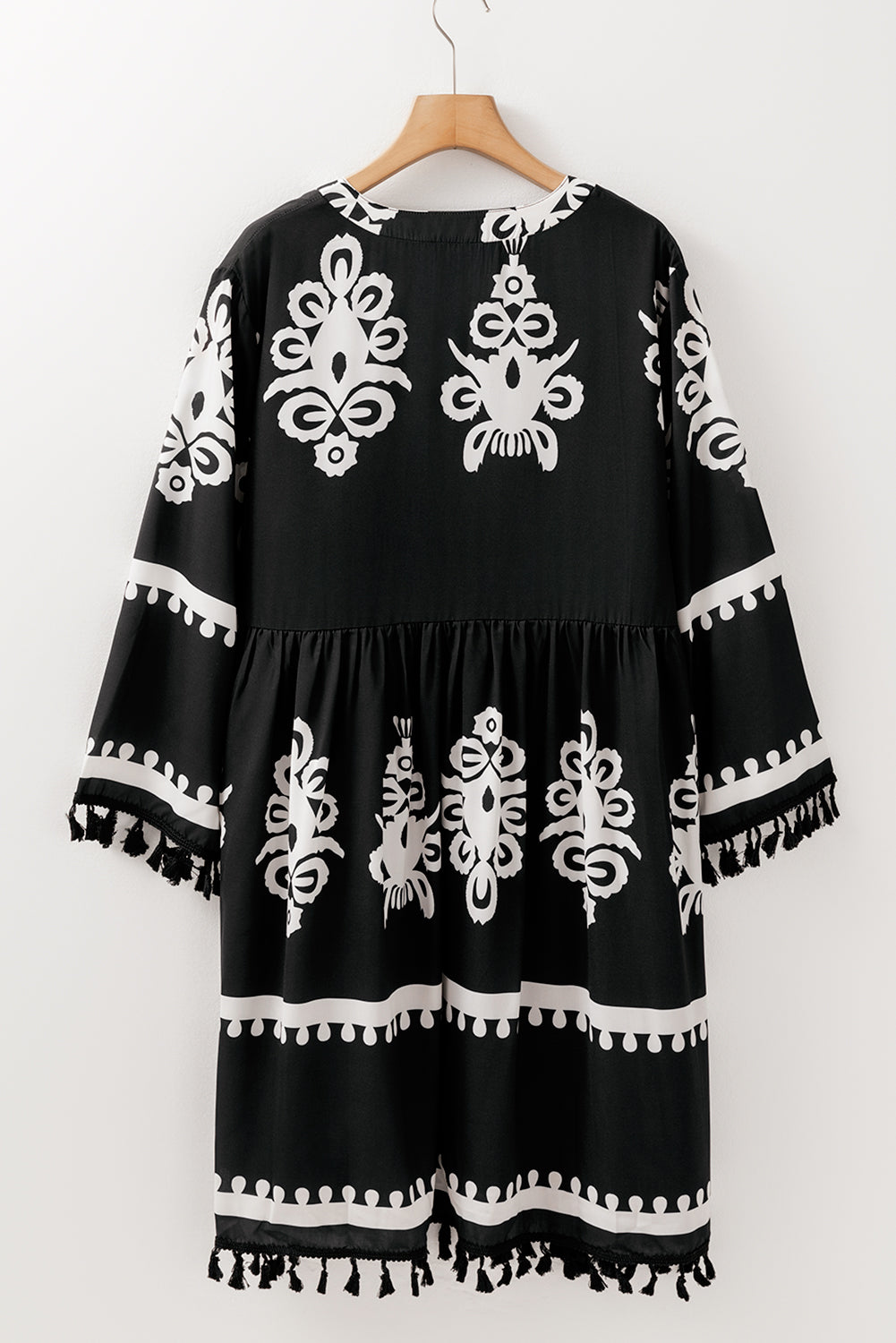 Black Ethnic Print Fringe Hem Plus Size Dress | Maekery Studio