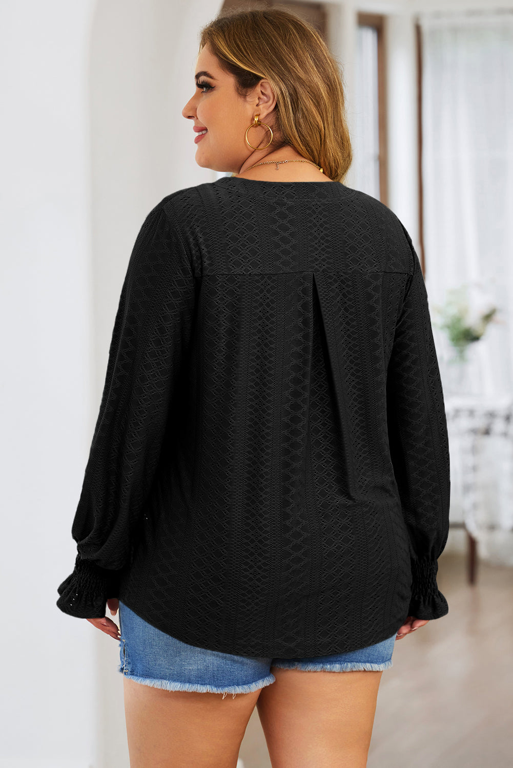 Plus Size Eyelet Notched Flounce Sleeve Blouse | Maekery Studio