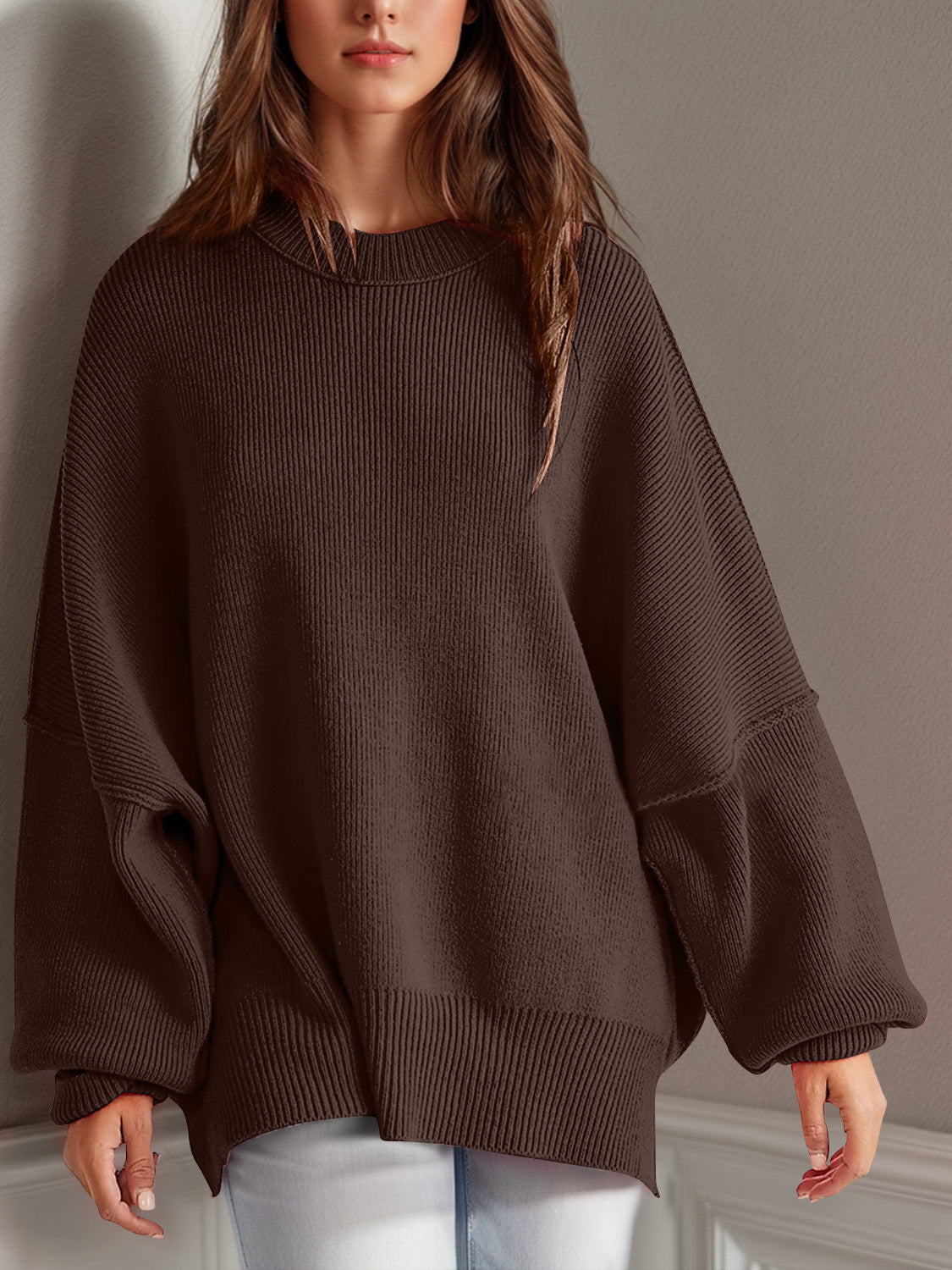 Double Take Side Slit Round Neck Long Sleeve Sweater | Maekery Studio