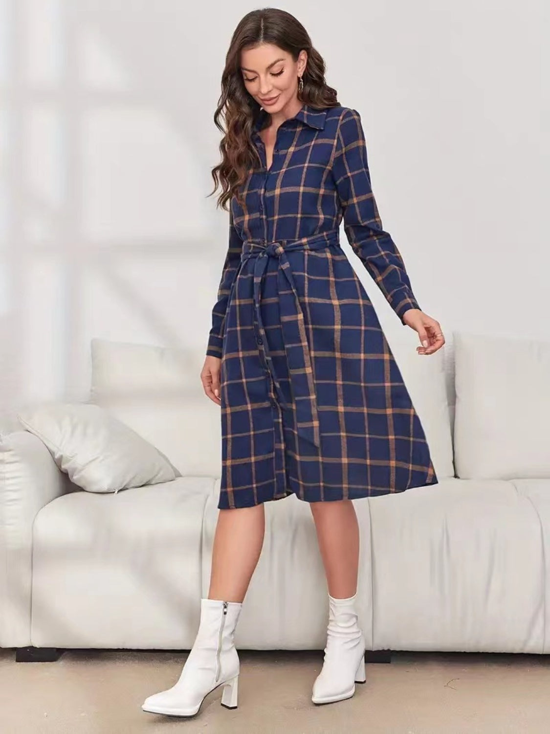 Plaid Tie Waist Long Sleeve Dress | Maekery Studio