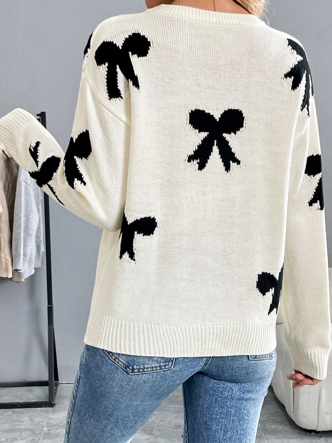 Perfee Bow Graphic Round Neck Long Sleeve Sweater | Maekery Studio