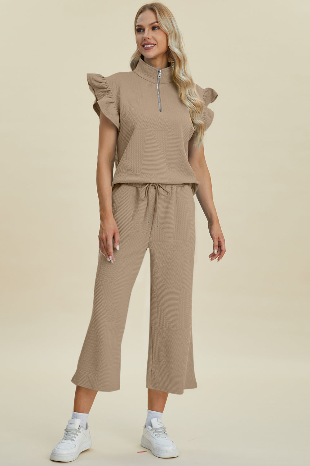 Double Take Full Size Texture Ruffle Short Sleeve Top and Wide Leg Pants Set | Maekery Studio