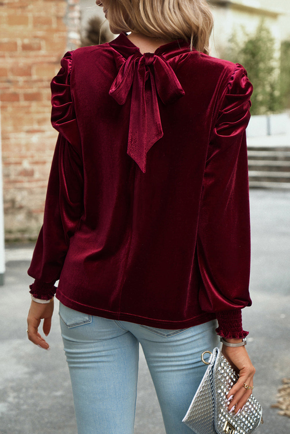 Tie Up Mock Neck Velvet Fabric Long Sleeve Blouse | Maekery Studio