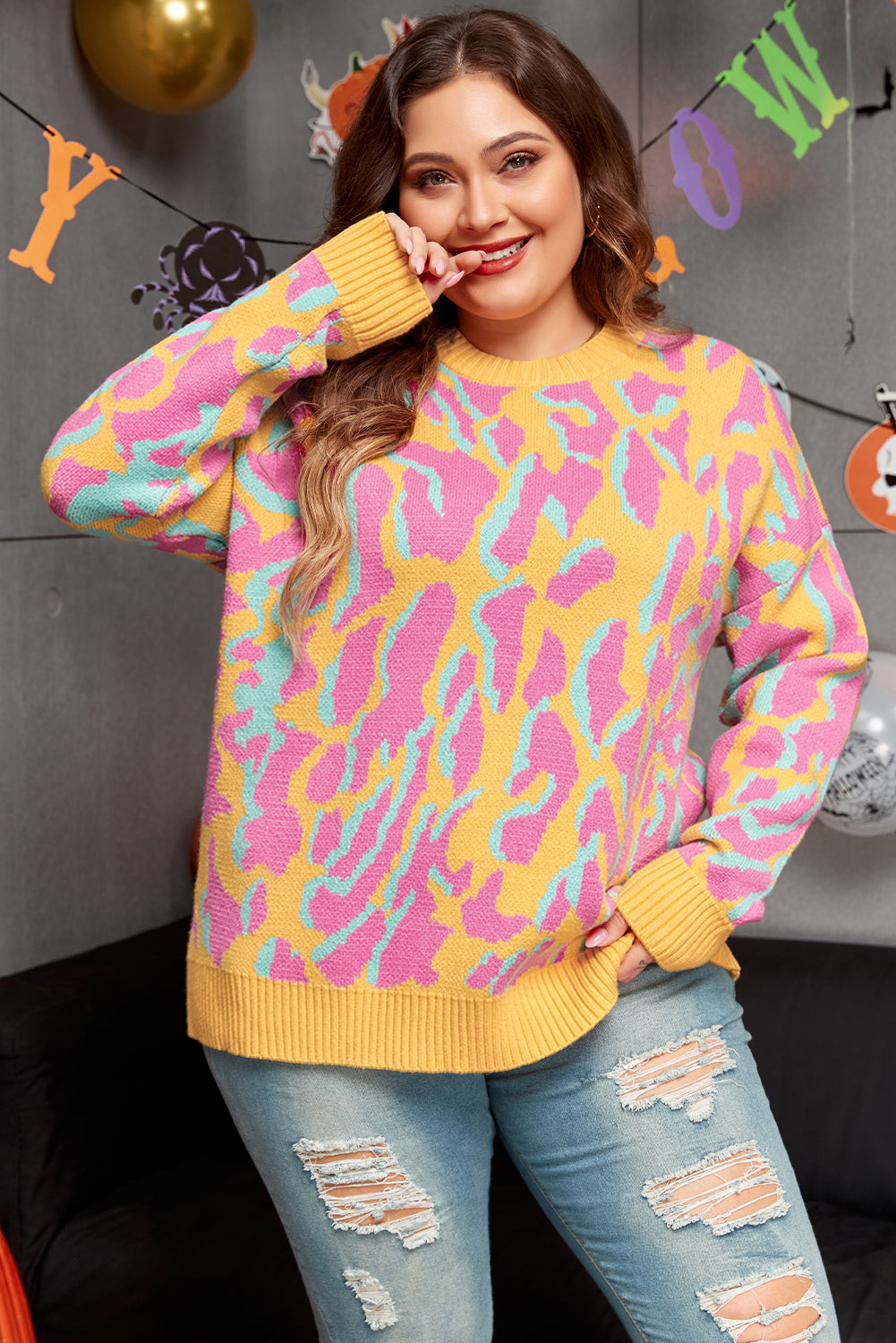 Bright Pink Plus Size Leopard Ribbed Trim Sweater | Maekery Studio