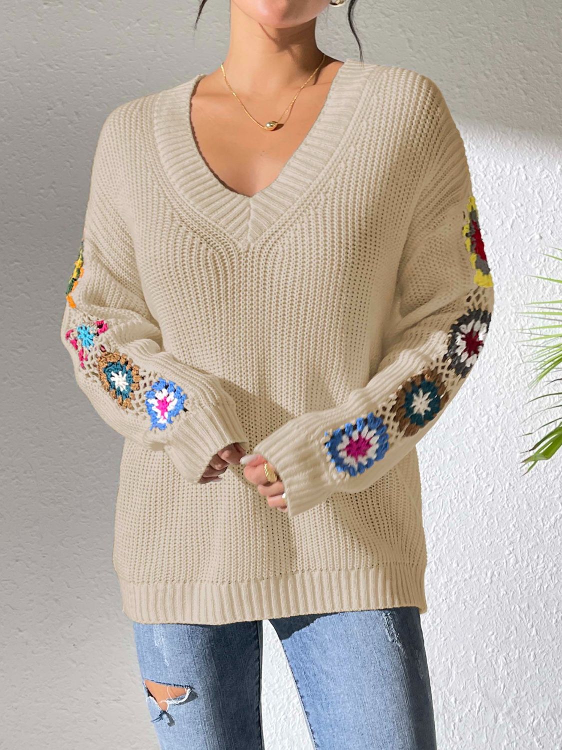 Crochet Flower V-Neck Sweater | Maekery Studio