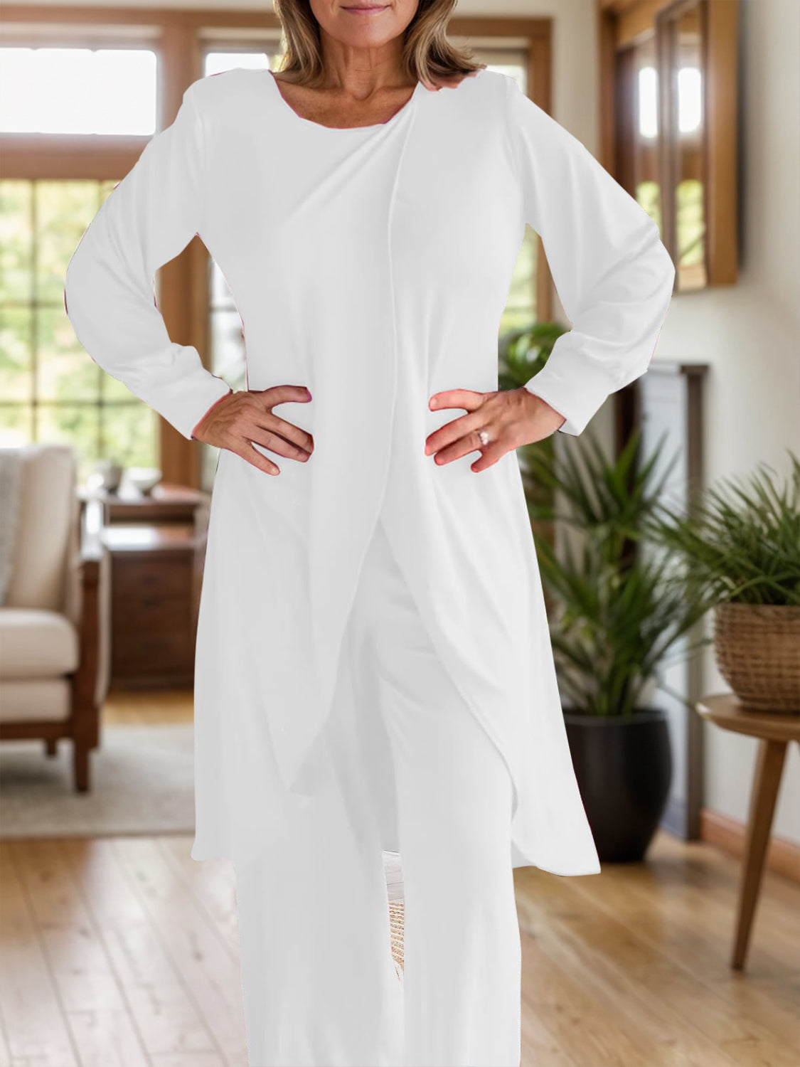 Full Size Slit Round Neck Long Sleeve Top and Pants Set | Maekery Studio