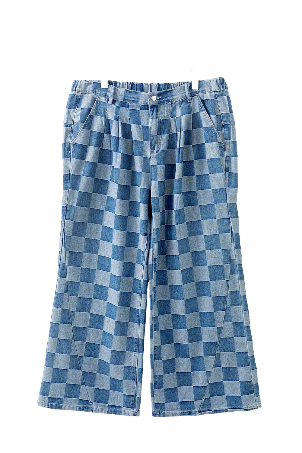 Dusk Blue Plus Size Checkered Seamed High Waist Wide Leg Jeans