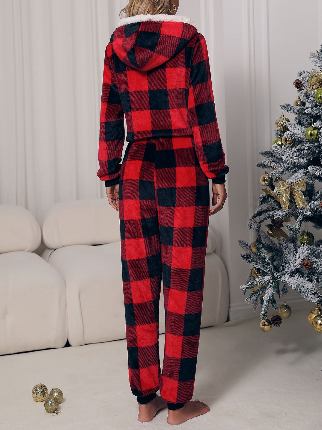 Plaid Zip Front Long Sleeve Hooded Lounge Jumpsuit | Maekery Studio