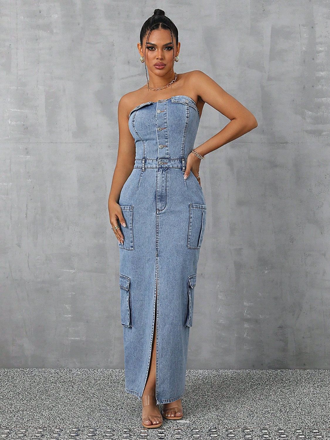 Slit Half Button Tube Denim Dress | Maekery Studio