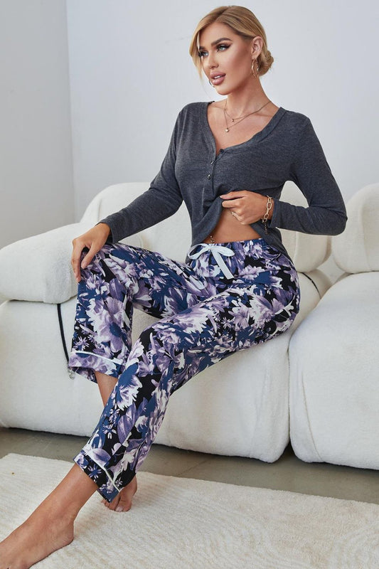 V-Neck Henley Top and Floral Pants Lounge Set | Maekery Studio