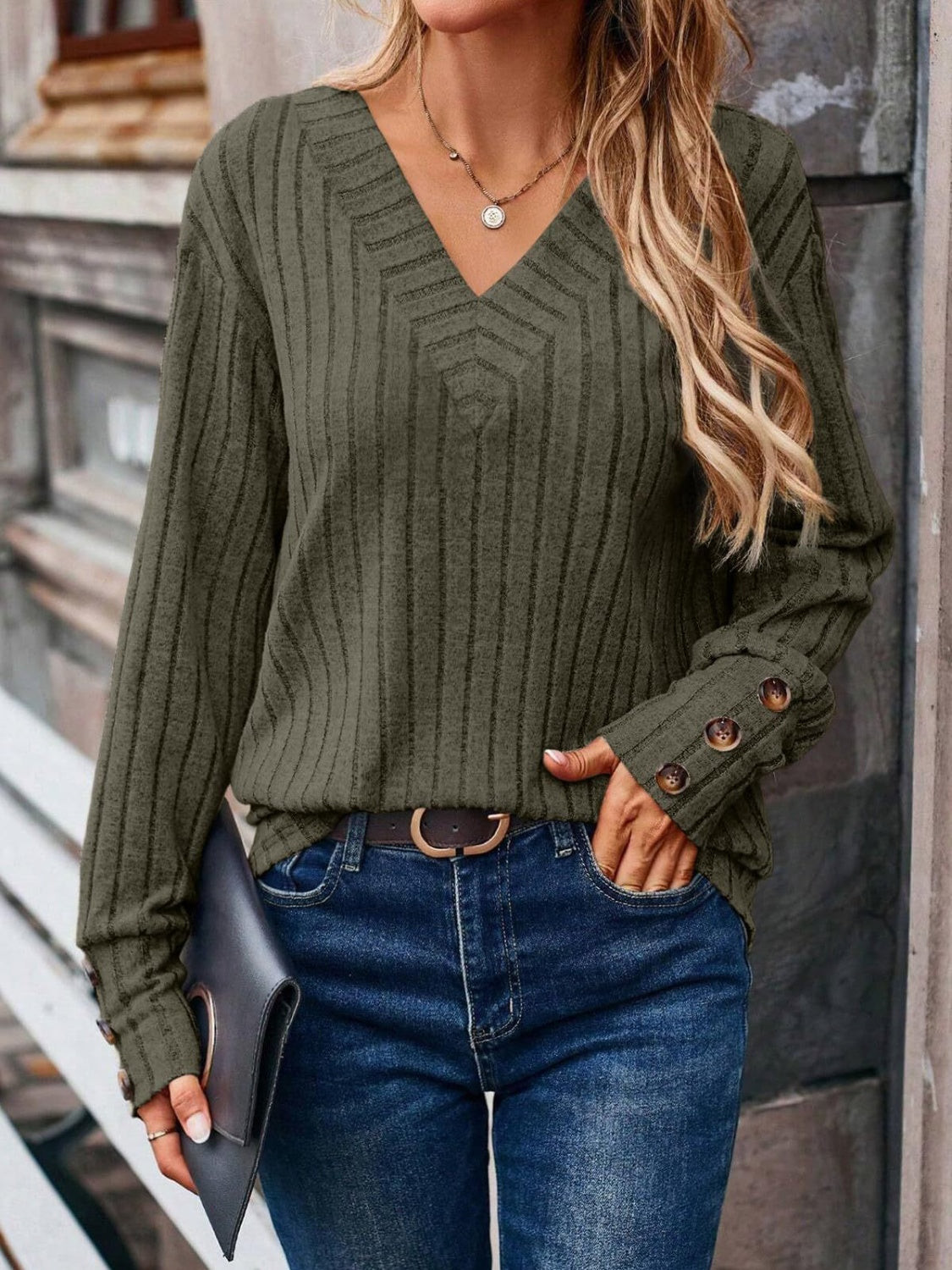 Ribbed V-Neck Long Sleeve T-Shirt | Maekery Studio