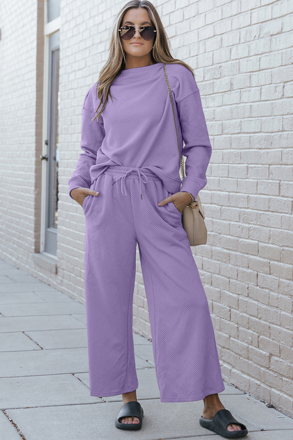 Double Take Full Size Textured Long Sleeve Top and Drawstring Pants Set | Maekery Studio