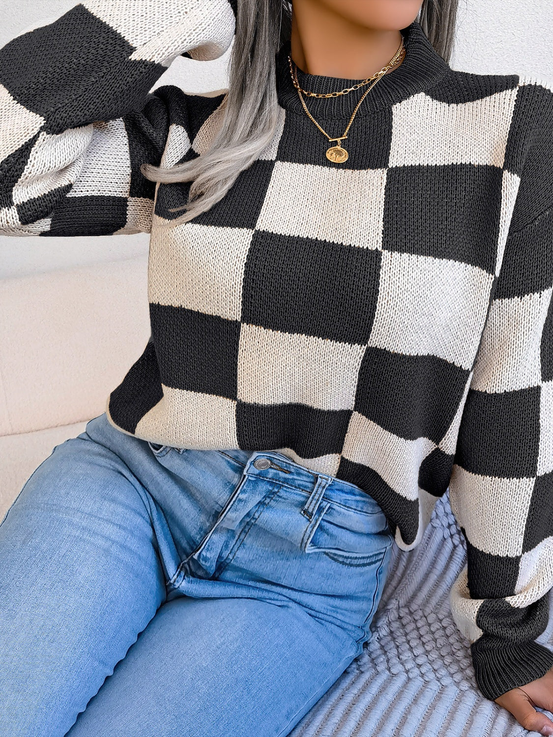 Checkered Mock Neck Long Sleeve Sweater | Maekery Studio