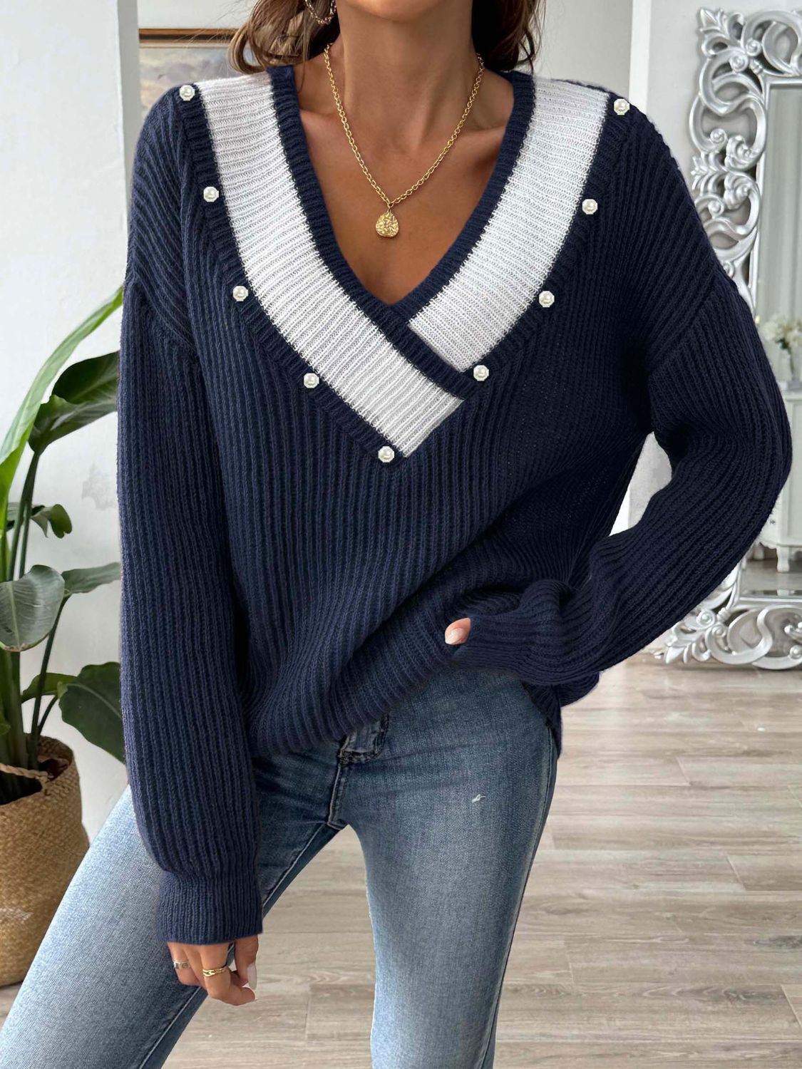 Contrast Trim Dropped Shoulder Long Sleeve Sweater | Maekery Studio