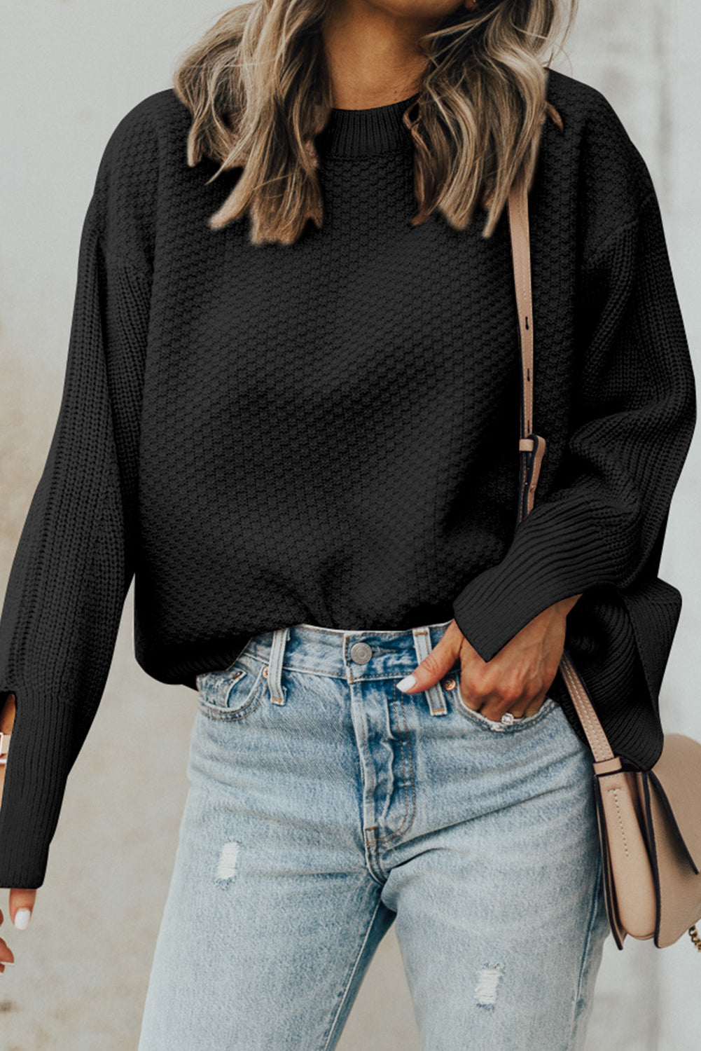 Textured Round Neck Long Sleeve Sweater | Maekery Studio