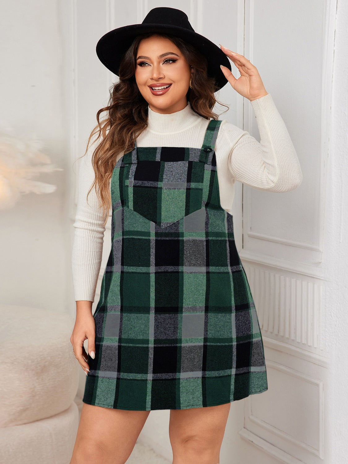 Honey Plus Size Plaid Wide Strap Overall Dress | Maekery Studio