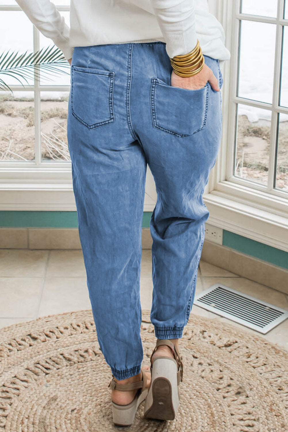 Dusk Blue Drawstring Waist Pocketed Plus Size Denim Joggers | Maekery Studio