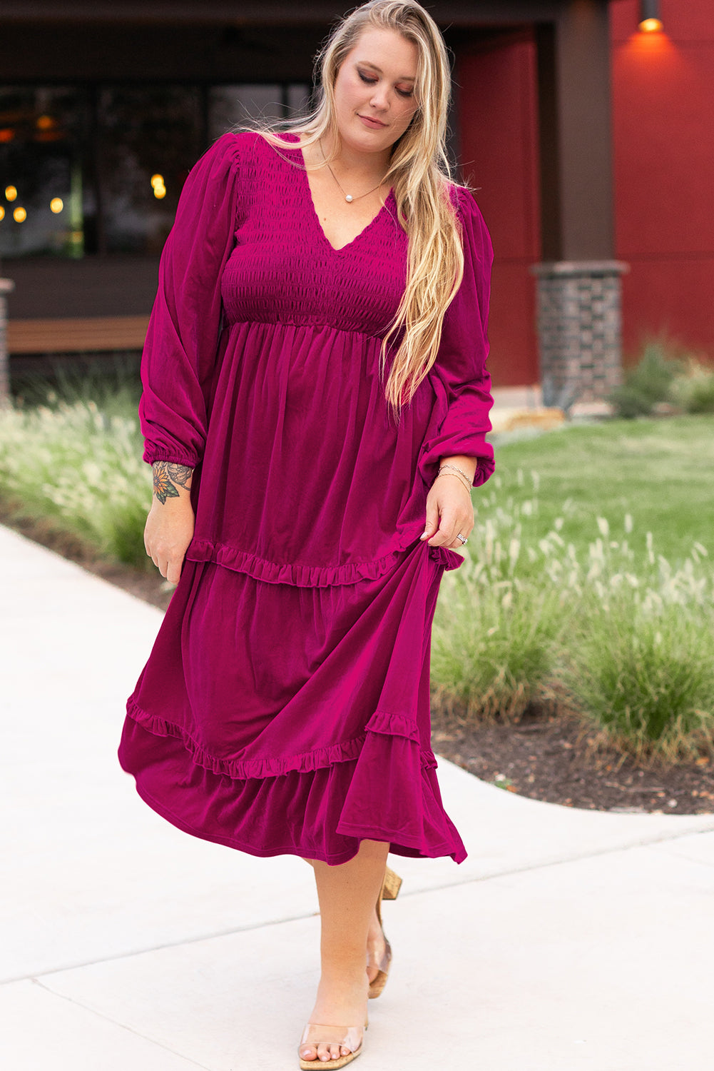 Rose Red Smocked V Neck Tiered Ruffle Velvet Plus Size Maxi Dress | Maekery Studio