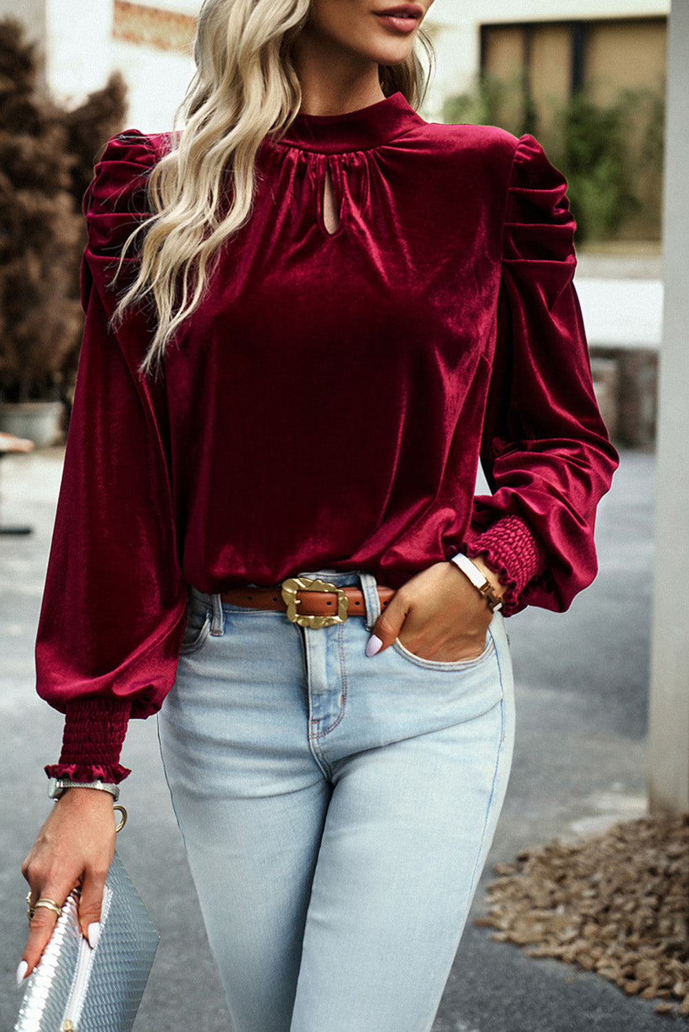 Tie Up Mock Neck Velvet Fabric Long Sleeve Blouse | Maekery Studio