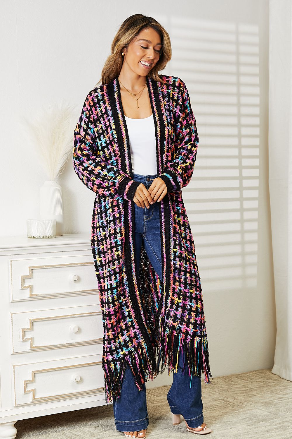 Angel Wings Full Size Multicolored Open Front Fringe Hem Cardigan | Maekery Studio