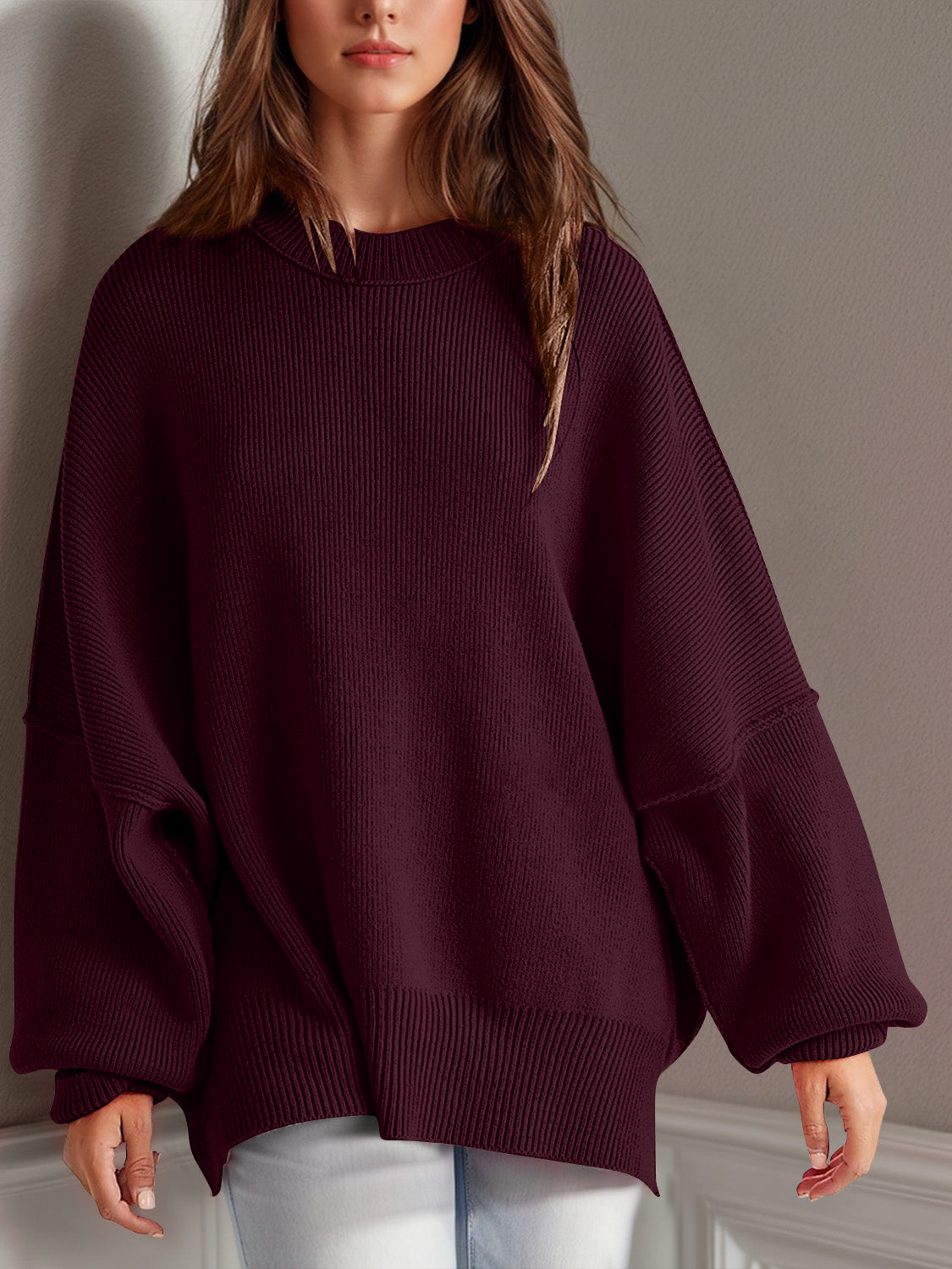 Double Take Side Slit Round Neck Long Sleeve Sweater | Maekery Studio