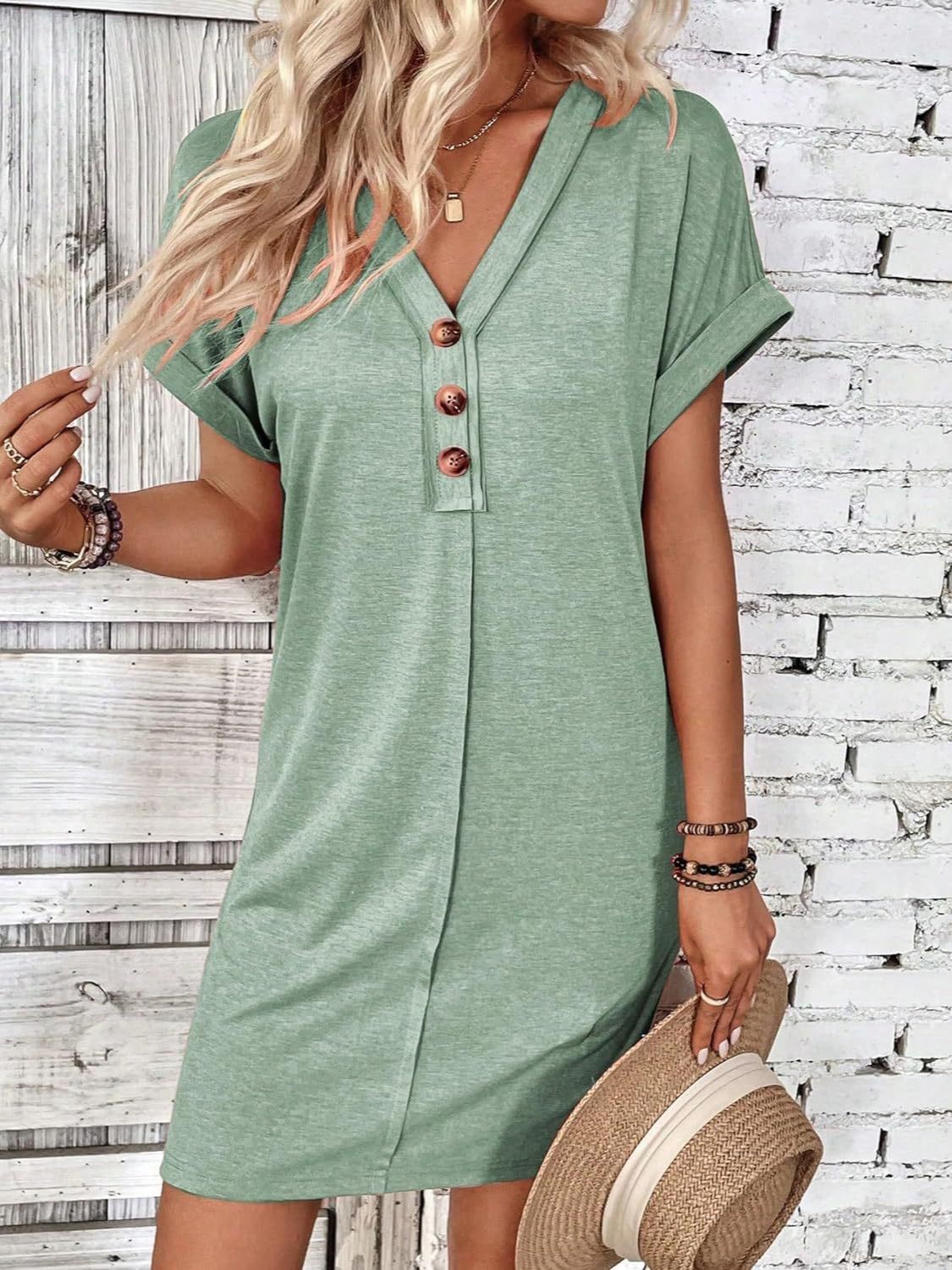 Quarter Button V-Neck Short Sleeve Dress | Maekery Studio