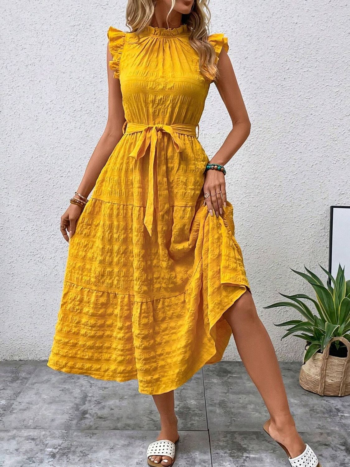 Tied Ruffled Cap Sleeve Midi Dress | Maekery Studio