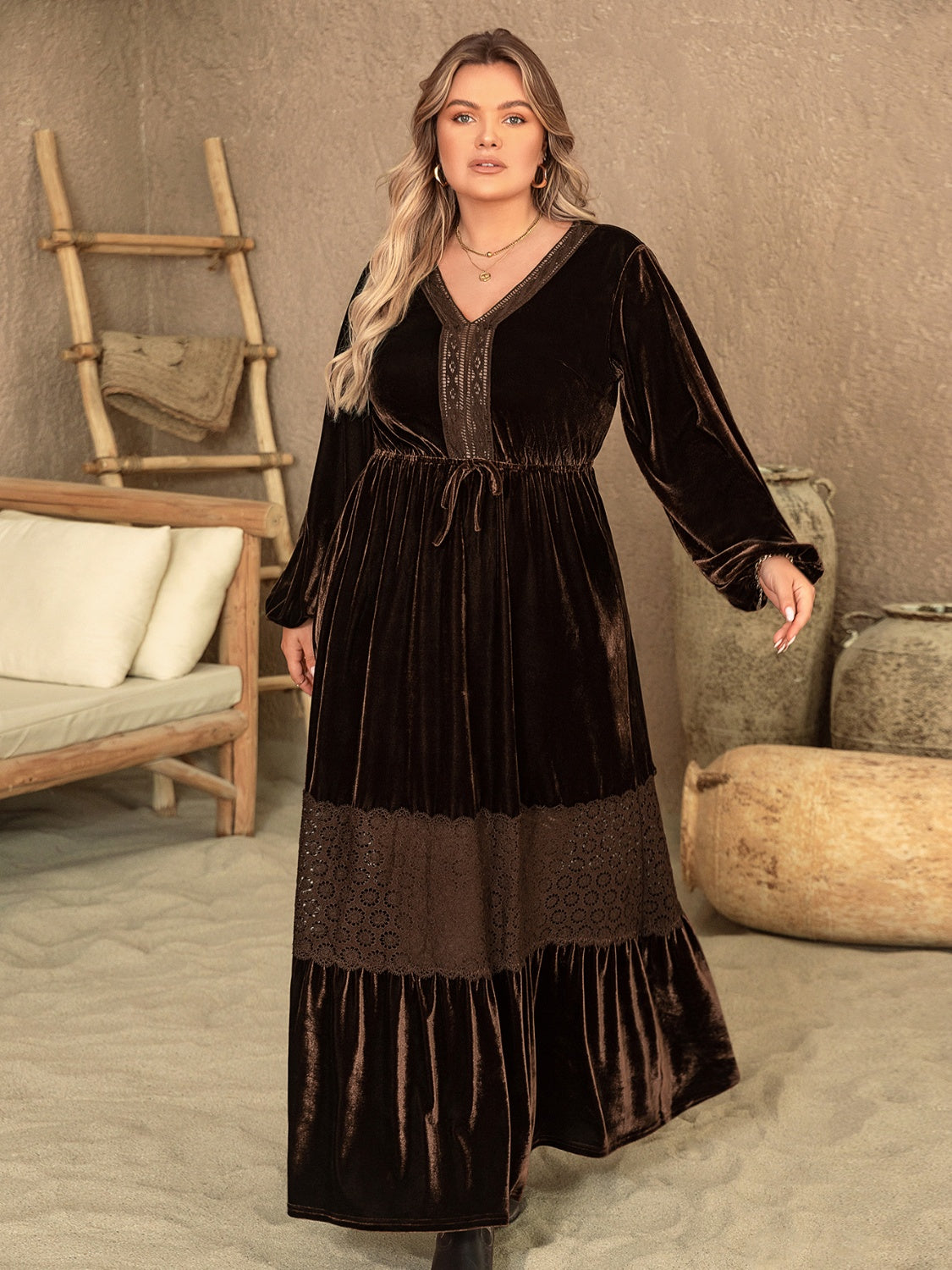 Plus Size V-Neck Balloon Sleeve Maxi Dress | Maekery Studio