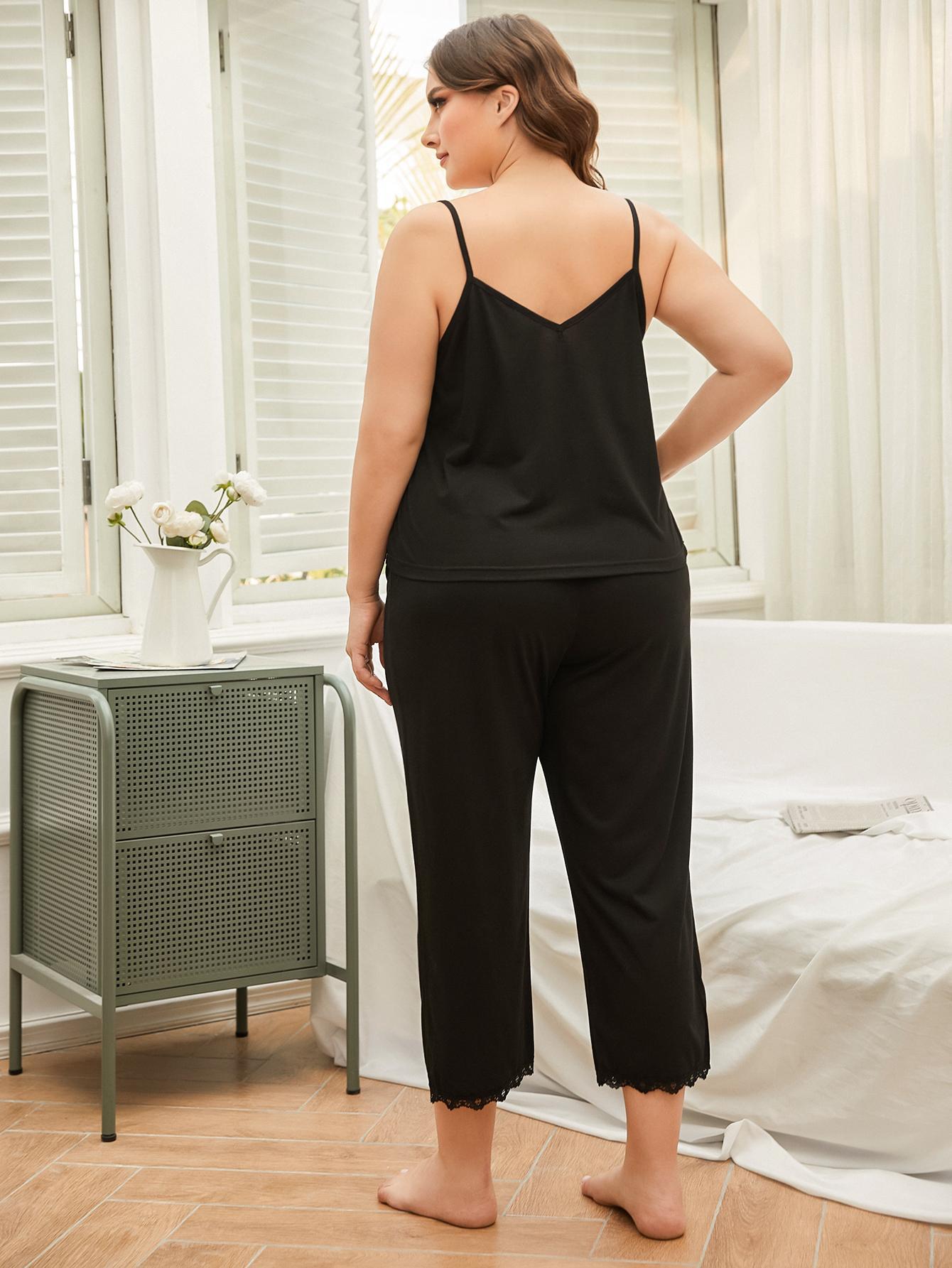 Plus Size Lace Trim Slit Cami and Pants Pajama Set | Maekery Studio