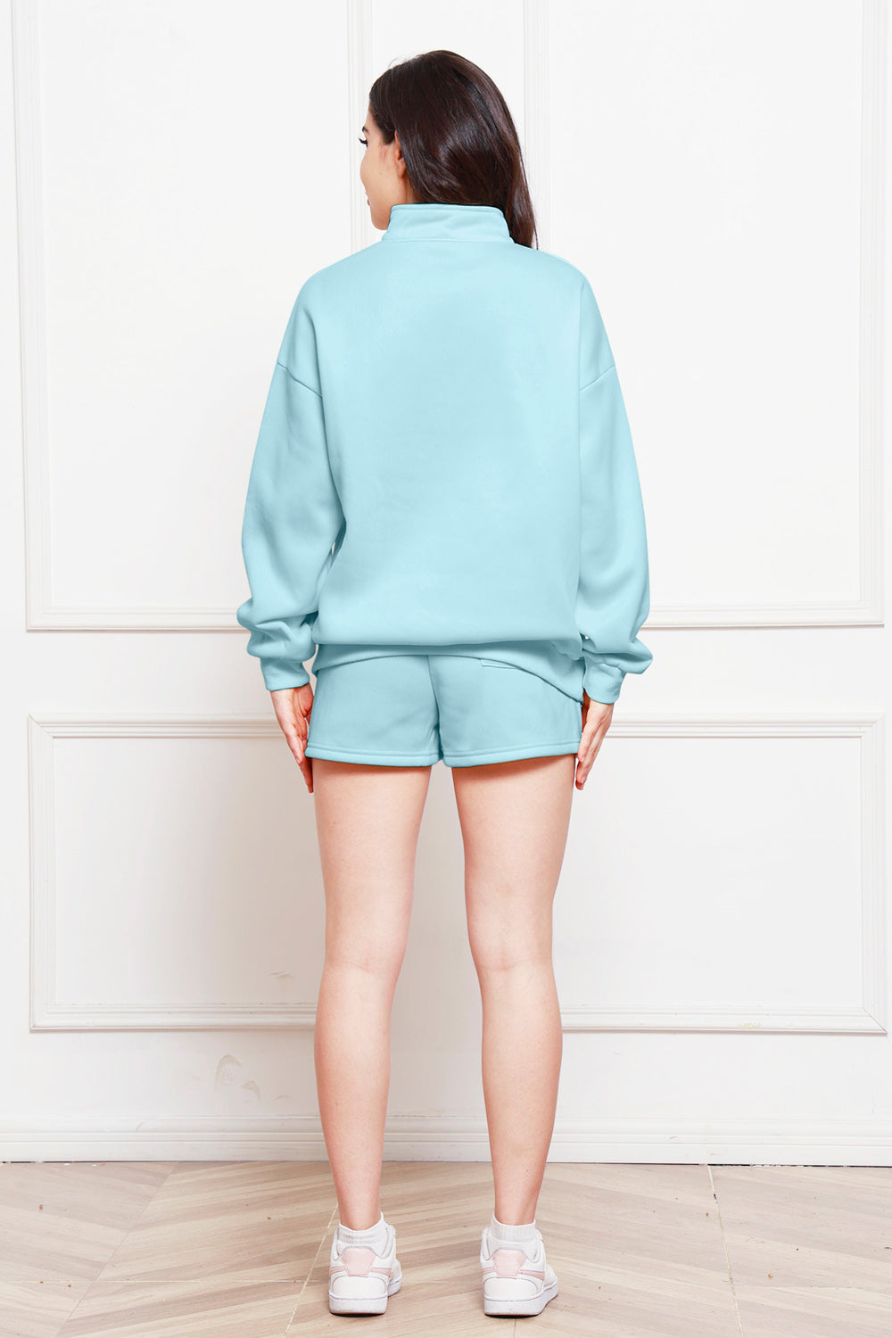 Half Zip Long Sleeve Sweatshirt and Drawstring Shorts Set | Maekery Studio