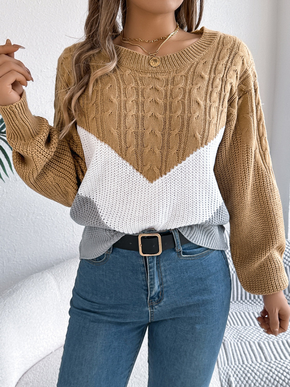 Cable-Knit Color Block Round Neck Sweater | Maekery Studio