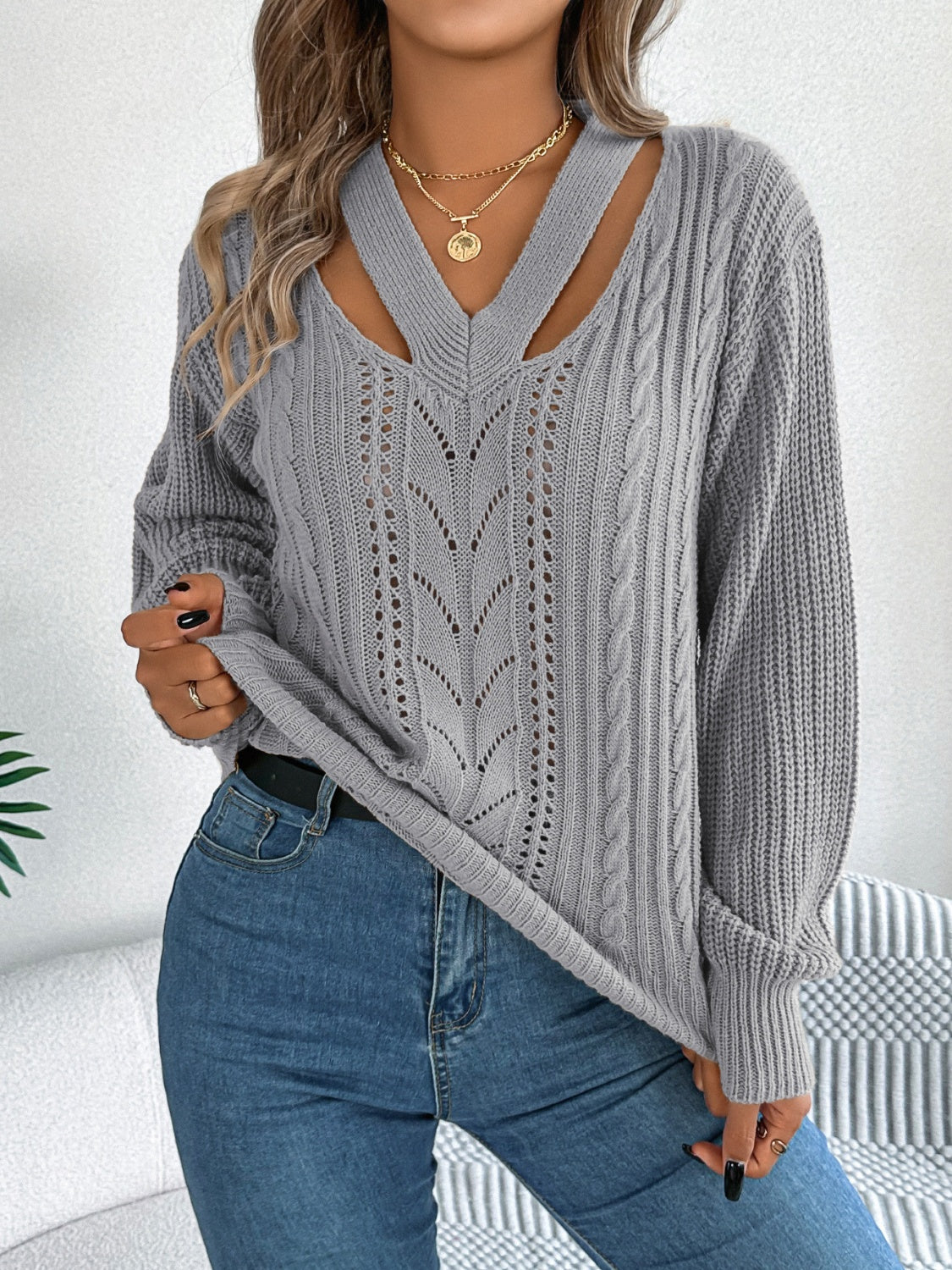 Cutout V-Neck Long Sleeve Sweater | Maekery Studio