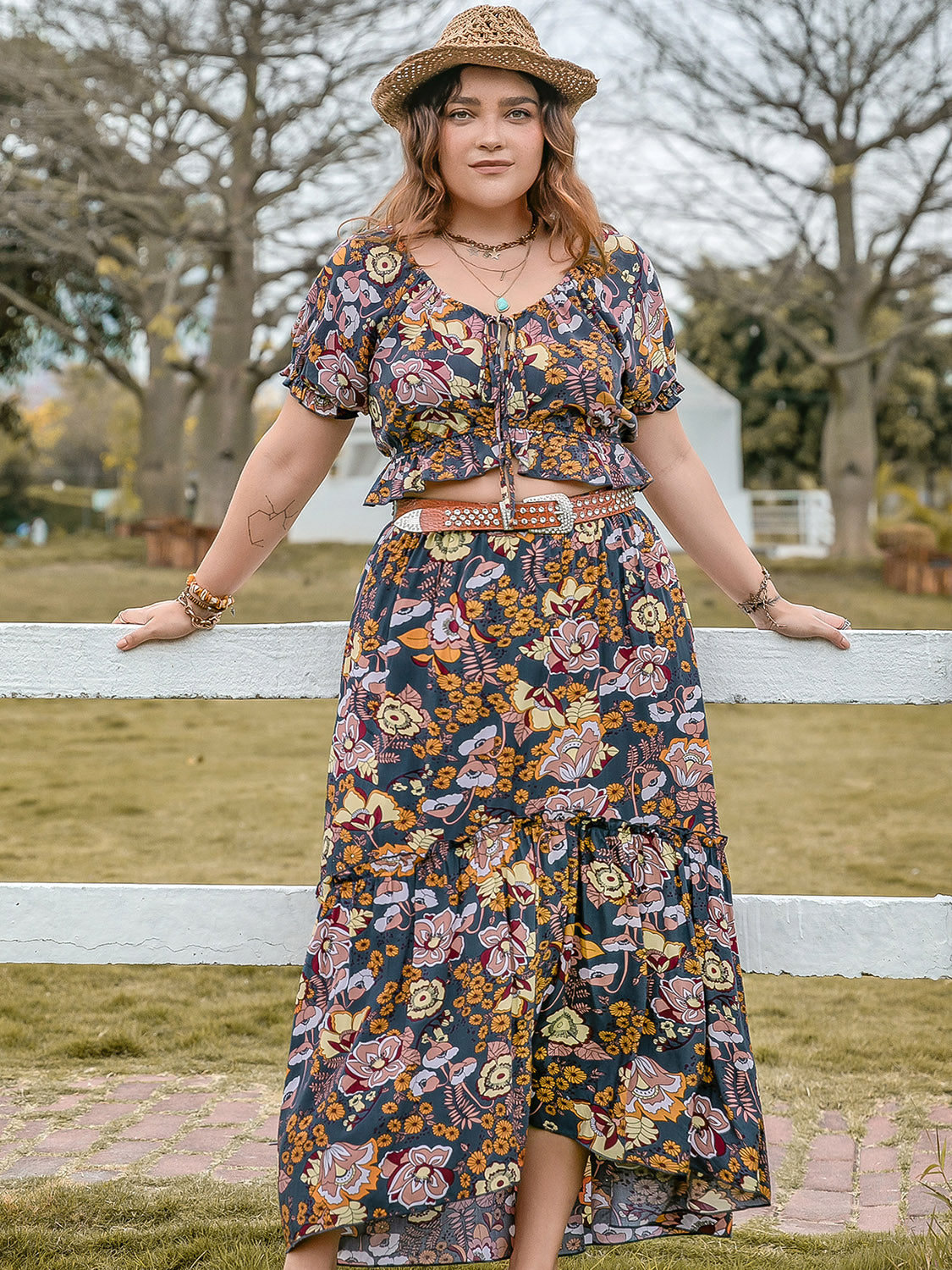 Plus Size Tie Neck Short Sleeve Top and Skirt Set | Maekery Studio