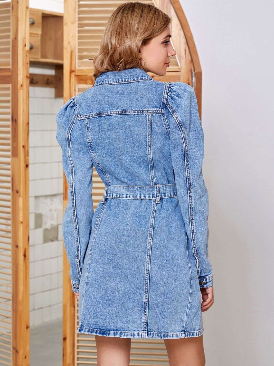 Tied Button Up Collared Neck Denim Dress | Maekery Studio